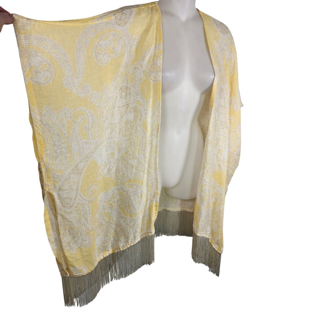 Chico's Women 100% Linen Citrus Yellow Ruana Paisly Fringe Kimono S/M Open Beach